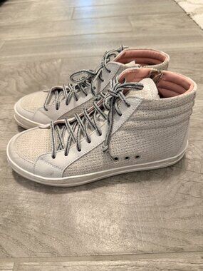 P448 Women's Italian Leather High Top Sneakers Size 37 US 7 White Pink Side Zip